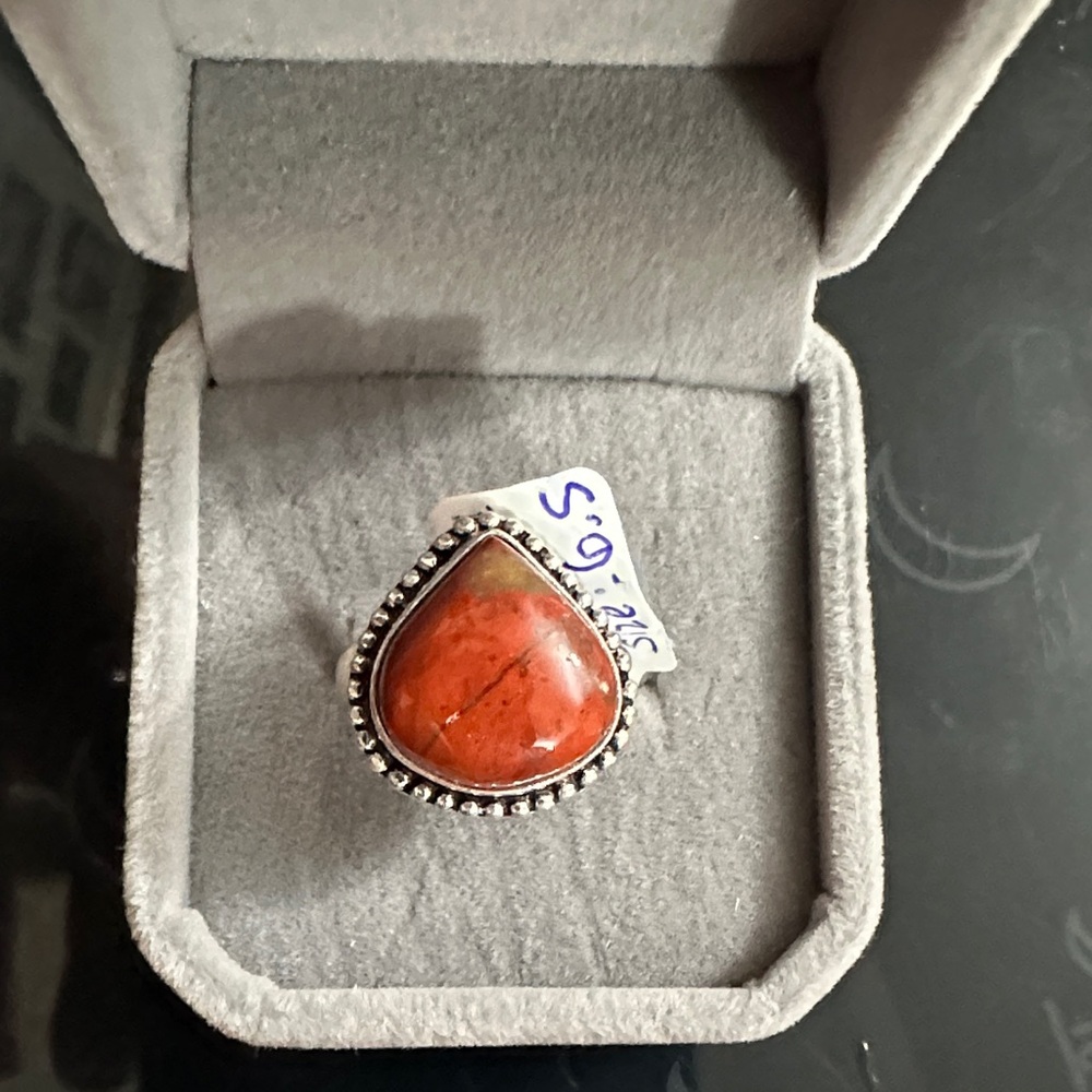 Sterling Silver Brecciated Red Jasper Teardrop Statement Ring Size 6.5